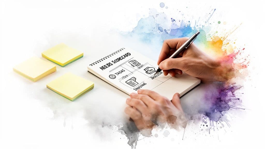 Person writing a 'Needs Scorecard' in a notebook, outlining tasks and invoicing, with sticky notes.
