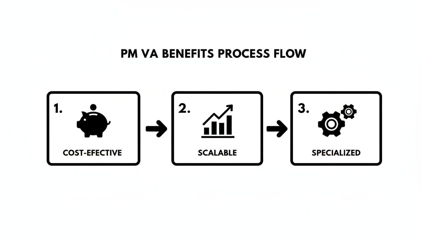 Flowchart illustrating the benefits of Project Management Virtual Assistants: Cost-Effective, Scalable, and Specialized.