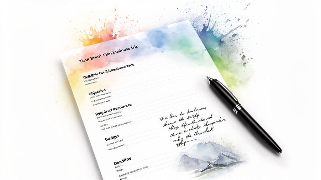 A white document titled ‘Task Brief: Plan business trip’ with a black pen and watercolor details.