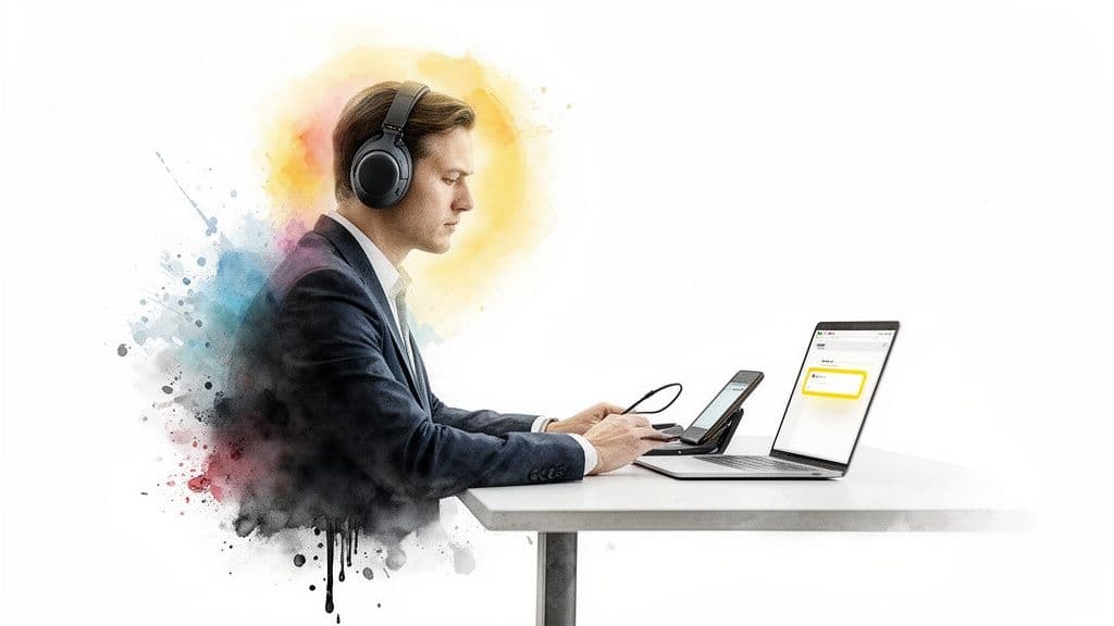 A man wearing headphones works on a laptop and smartphone, surrounded by colorful watercolor splashes.