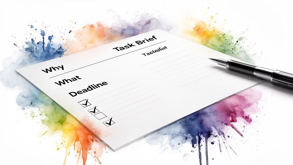 A 'Task Brief' document with 'Why', 'What', 'Deadline' sections, a pen, and colorful watercolor splashes.