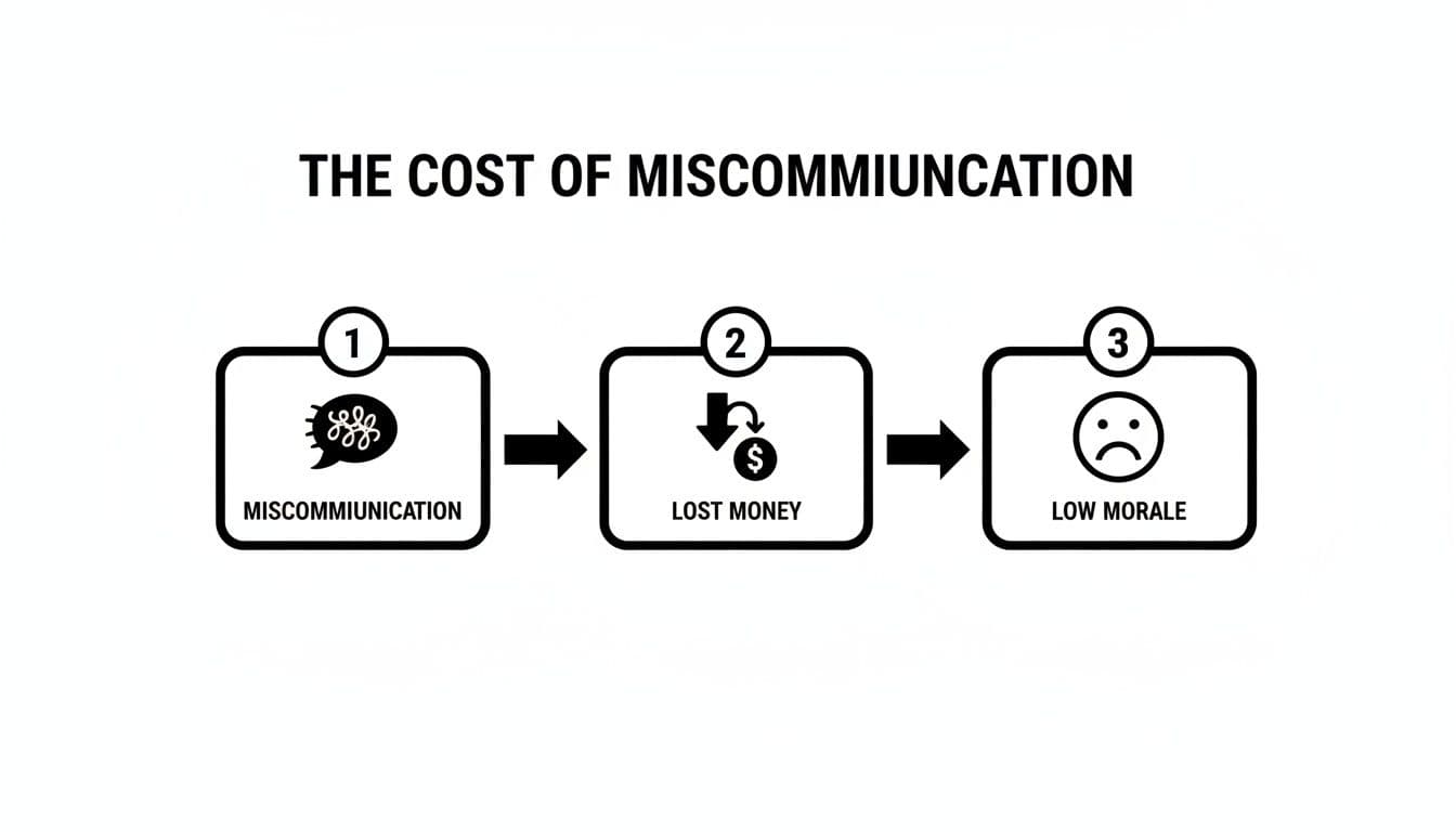 A flowchart illustrating the cost of miscommunication, showing it leads to lost money and low morale.