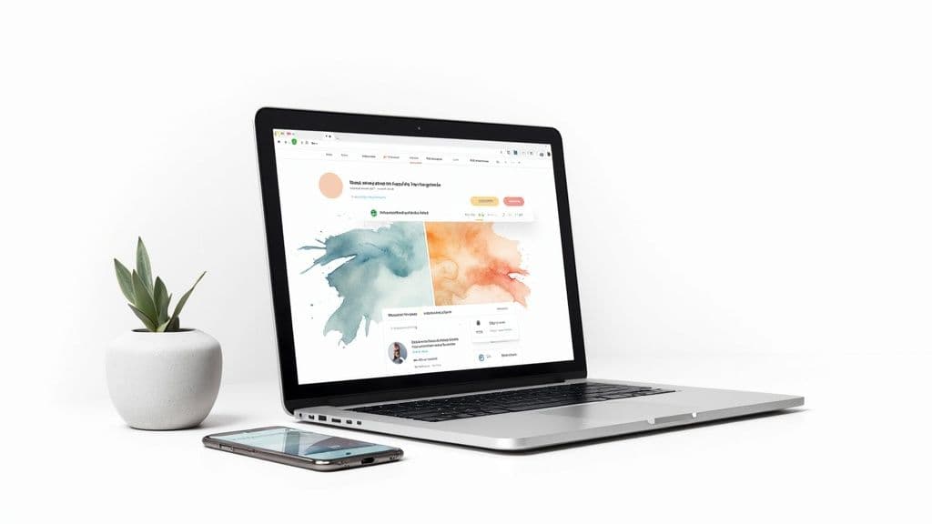 A clean white workspace featuring a laptop, smartphone, and a small potted plant.