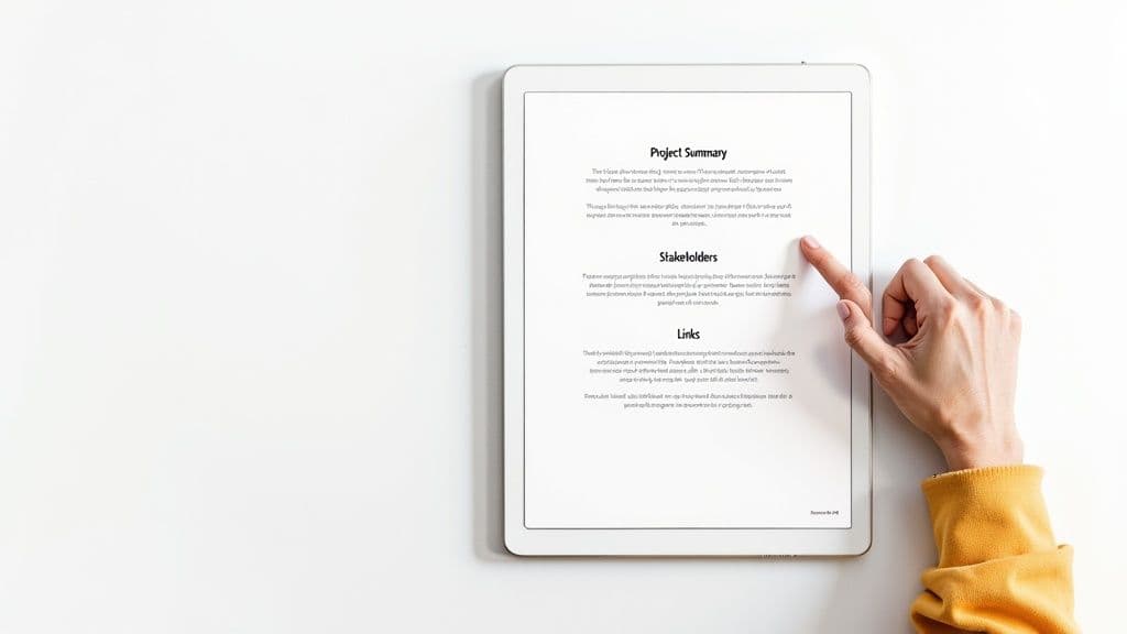 A hand points at a digital project summary document displayed on a white tablet.