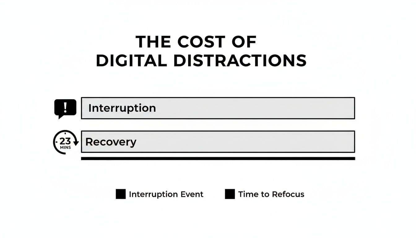 Infographic showing the cost of digital distractions with an interruption followed by a 23-minute recovery time to refocus.