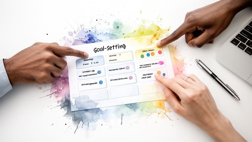 Two hands point to a 'Goal-Setting' document on a table with watercolor splashes, a laptop, and a pen.