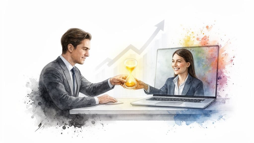 A businessman and a virtual assistant on a laptop screen exchange a glowing hourglass, symbolizing time efficiency and growth.