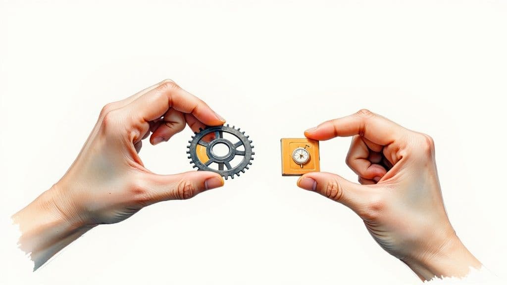 A person sitting at a desk with a laptop, using colorful sticky notes on a wall to organize tasks and ideas, looking focused.