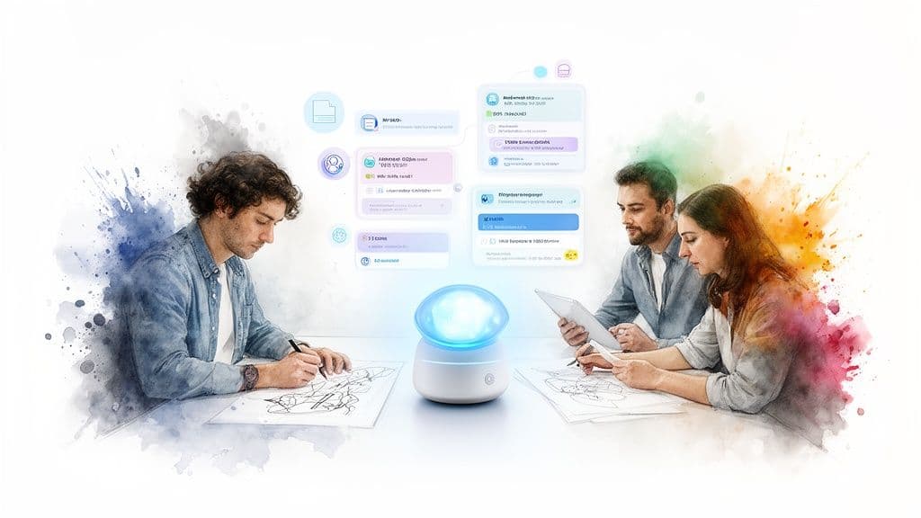 A creative team collaborates around a smart device, sketching and interacting with holographic project management interfaces.