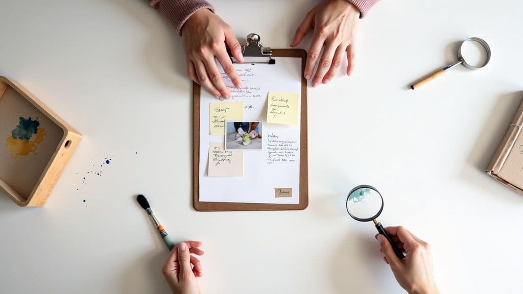 Overhead view of hands creating process map with sticky notes and photos on clipboard