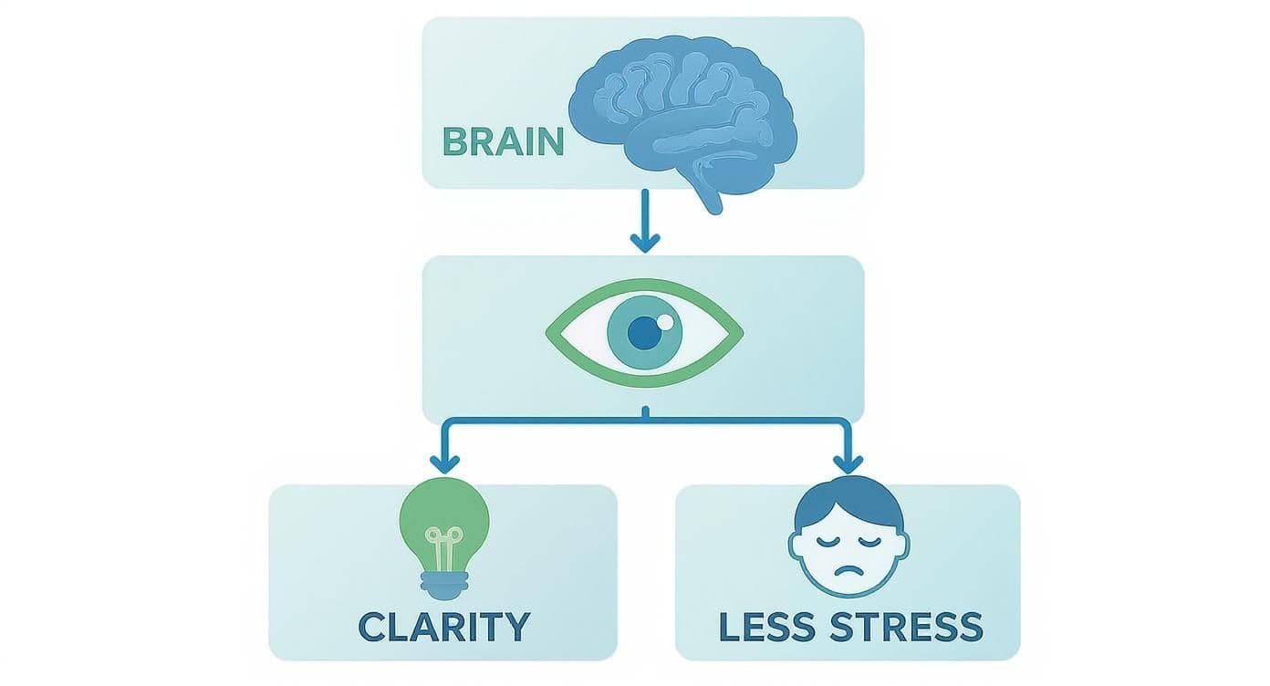 Flowchart showing brain connects to eye leading to clarity and less stress benefits diagram