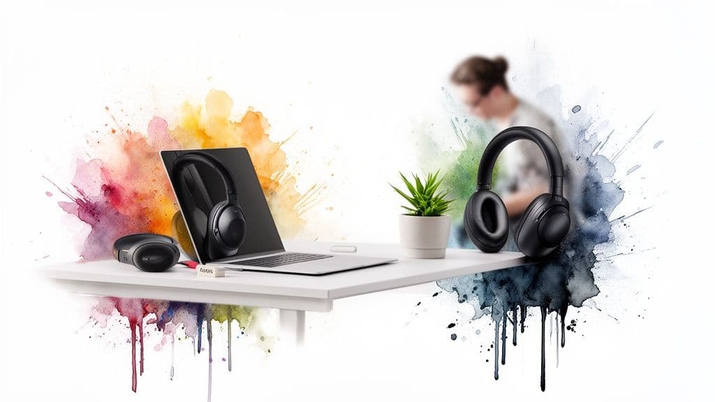 A clean workspace featuring a laptop, headphones, and plant, surrounded by vibrant watercolor art.