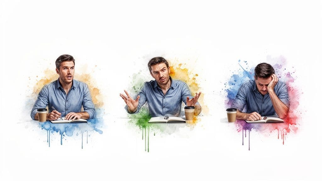Three images of a man expressing different emotions: engaged, confused, and fatigued, with watercolor splashes.