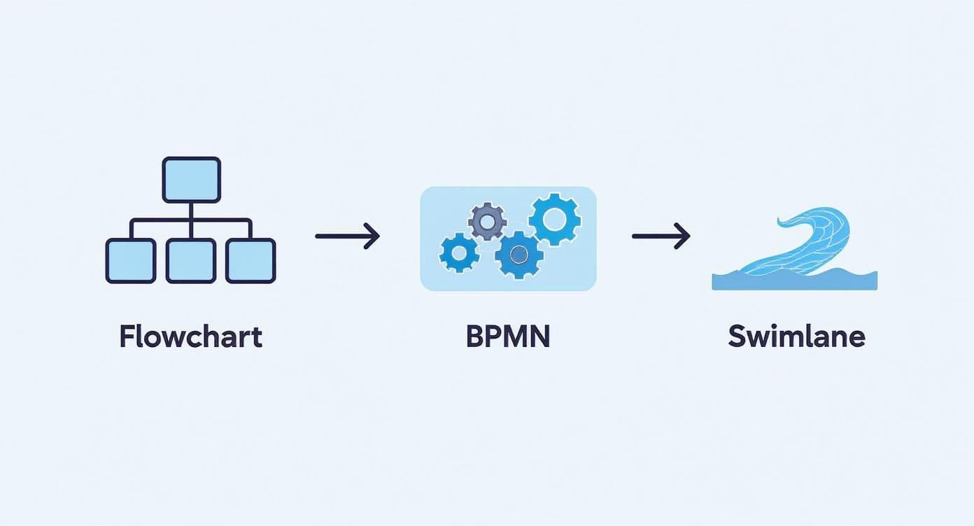 Process mapping workflow diagram showing progression from flowchart to BPMN to Swimlane notation