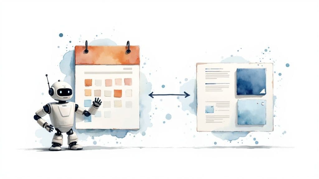 Robot presenting calendar synchronization with digital content management system and scheduling interface