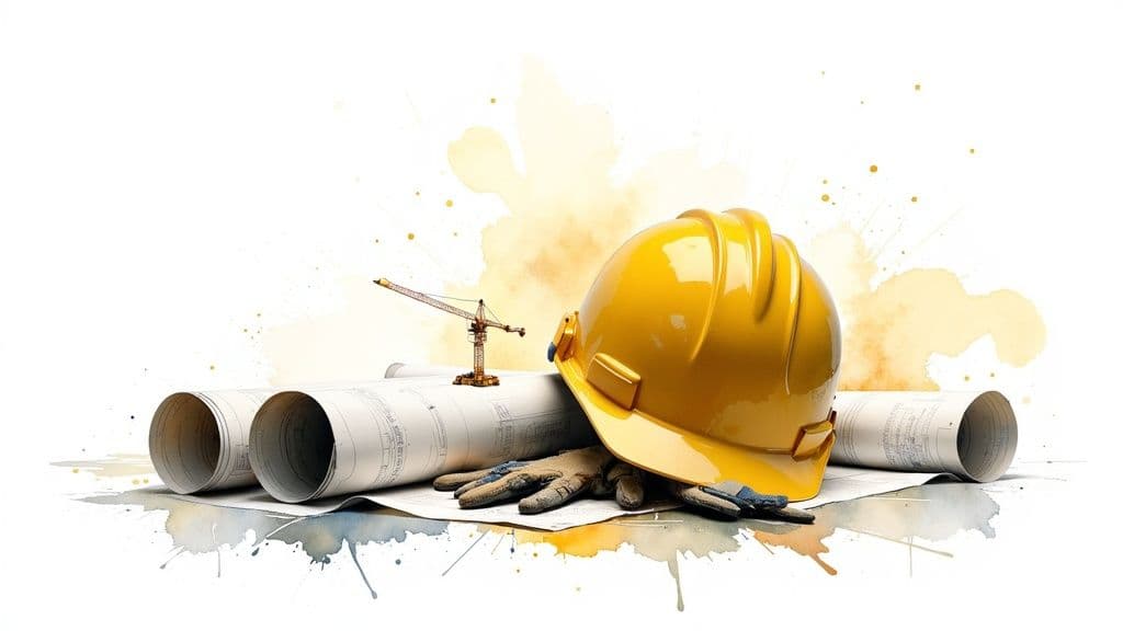 Yellow hard hat, blueprints, work gloves, and a miniature crane on a white background.