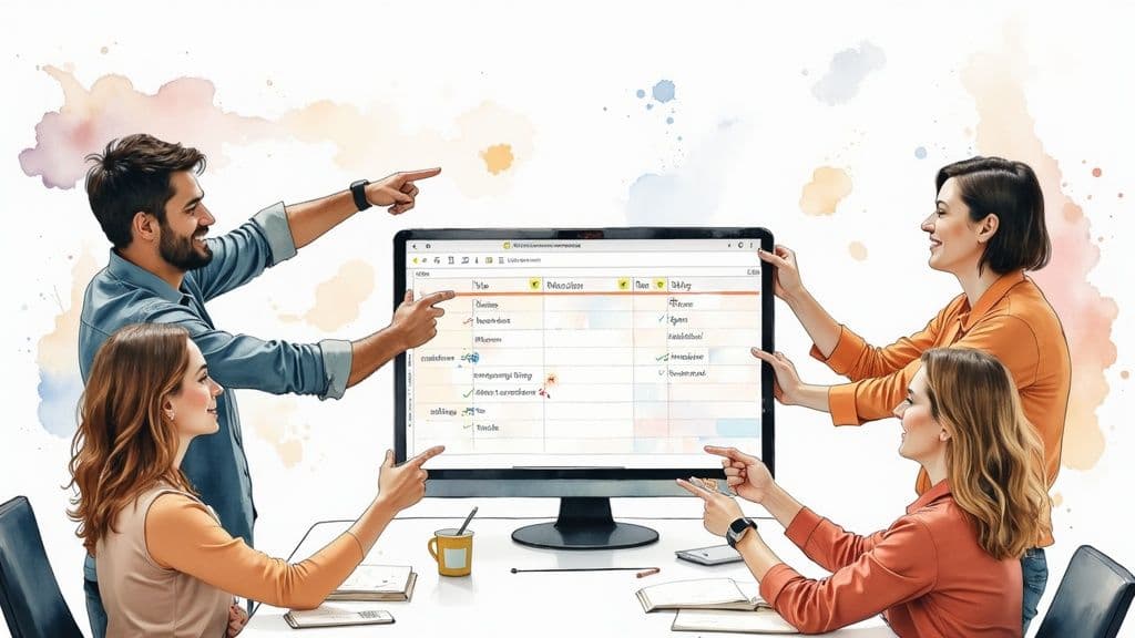 A diverse team collaborates around a monitor displaying a shared to-do list, pointing at tasks.