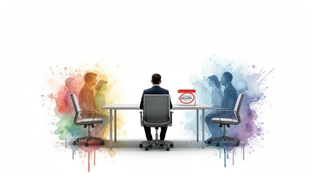 A central figure at a table facing two teams of watercolor silhouettes with a 'Delayed' calendar.