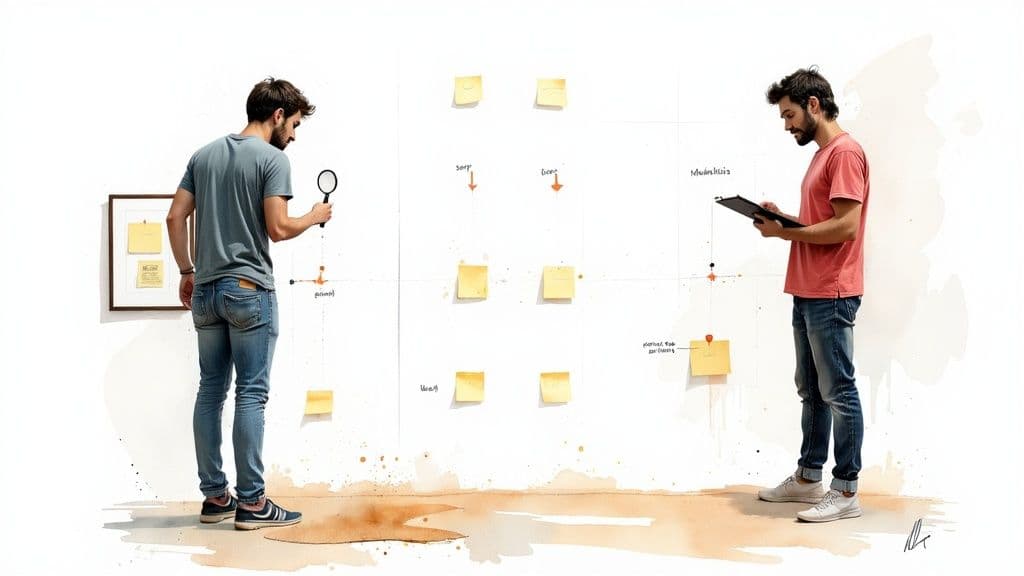 Two men, one with a magnifying glass, analyze a visual procedure on a whiteboard with sticky notes.