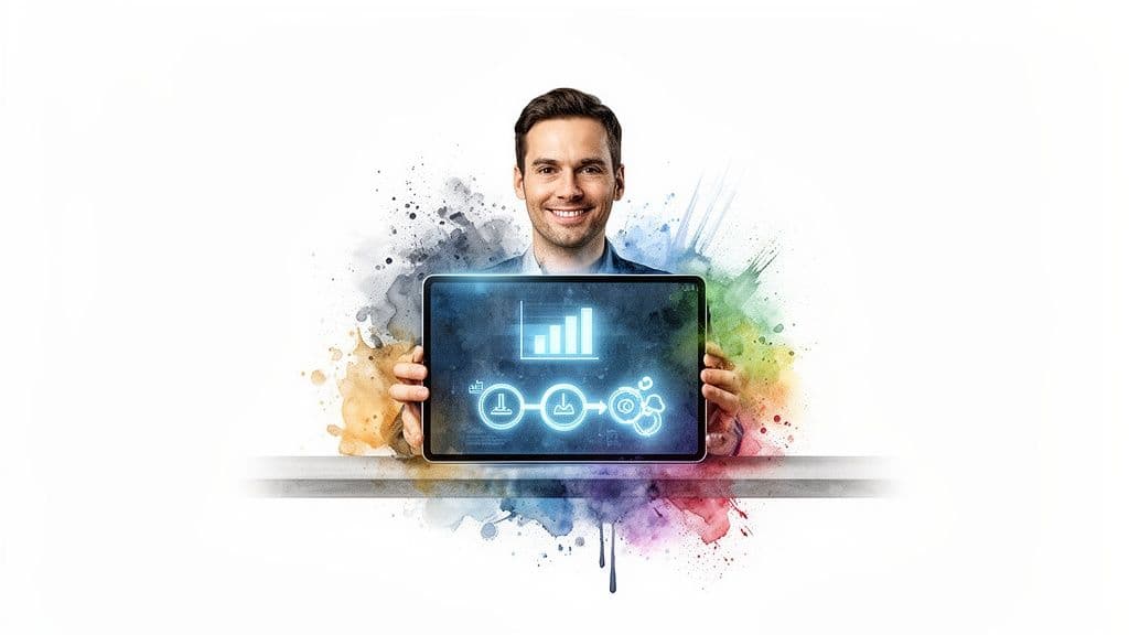 Smiling man holds a tablet displaying a bar graph and a workflow diagram against a colorful watercolor background.