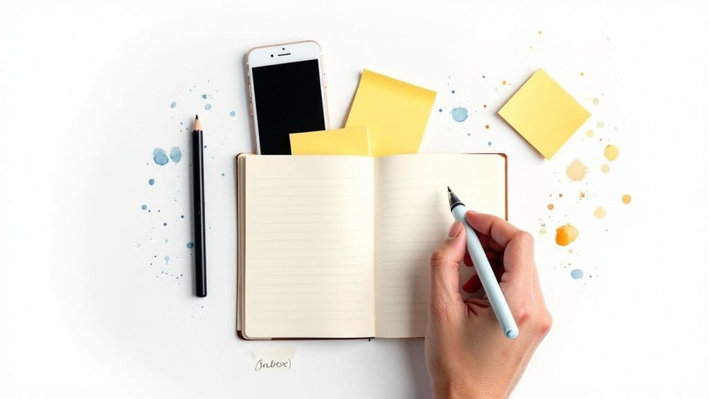 A person writing in a notebook, symbolizing the capture of tasks and ideas.