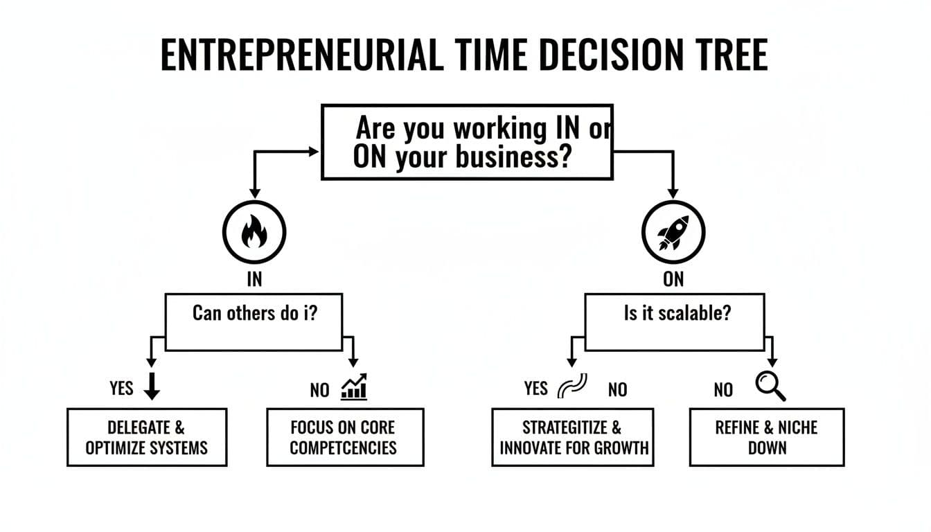 Entrepreneurial time decision tree flowchart guiding business owners on working in or on their business.