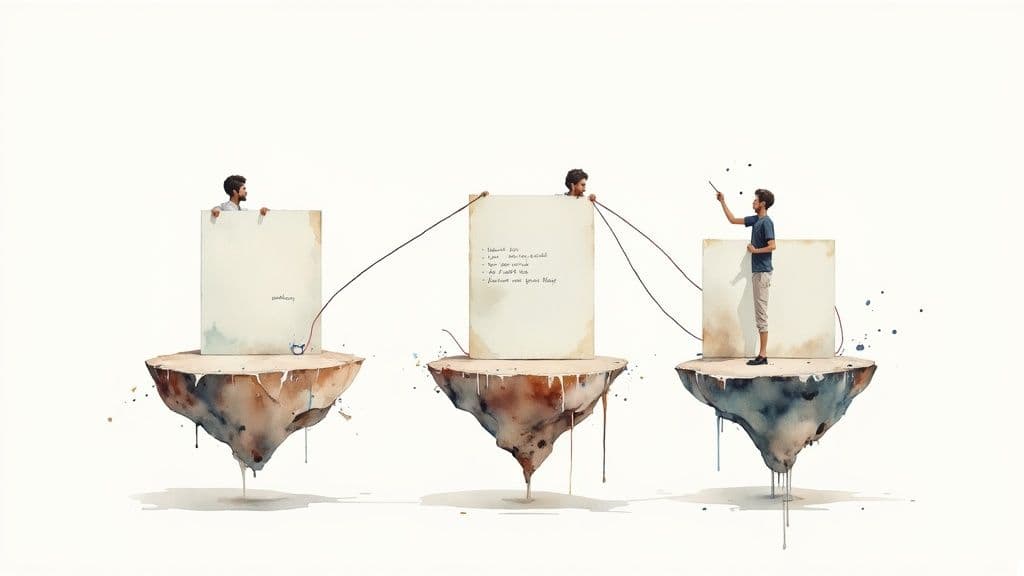 Three people on floating islands collaborate, using whiteboards to outline problems, ideas, and solutions.