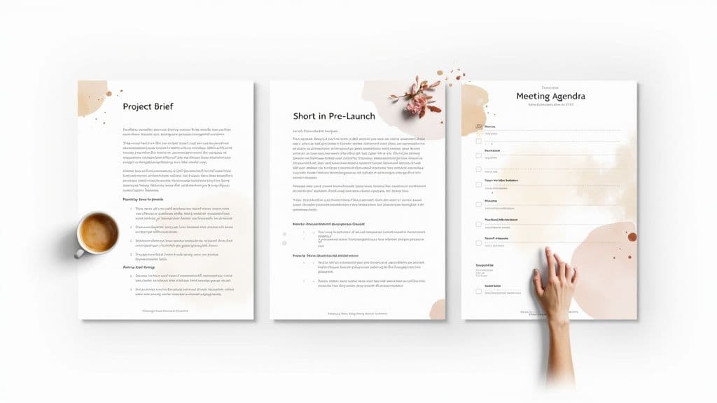 Three professional documents, including a project brief, pre-launch notes, and a meeting agenda, with a hand pointing.