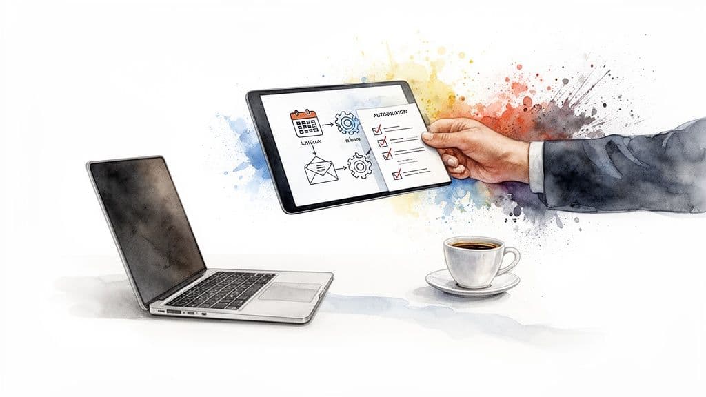 A watercolor illustration of a hand holding a tablet showing automation workflow, next to a laptop and coffee.