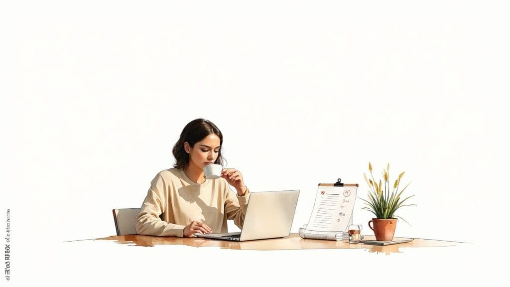 A young woman works on her laptop and drinks coffee at a clean, organized desk.