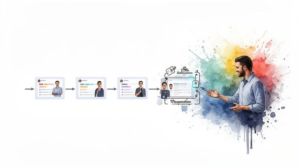 Digital workflow showing user profiles progressing to an automation platform, illustrated by a man.