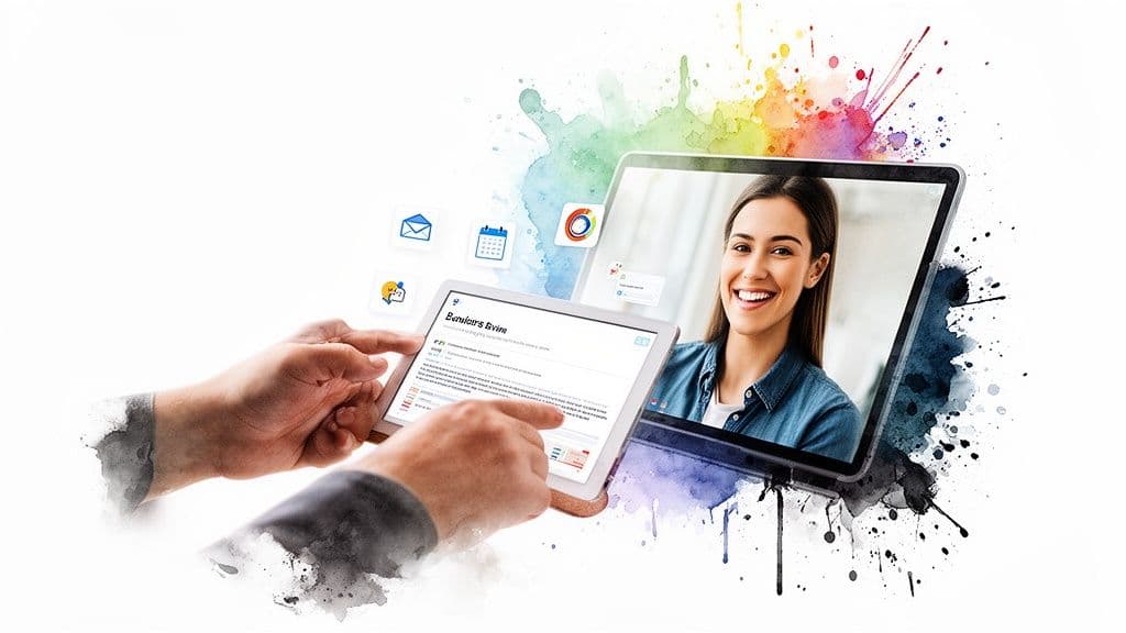 Hands interacting with a tablet, featuring a video call and productivity app icons on a vibrant background.