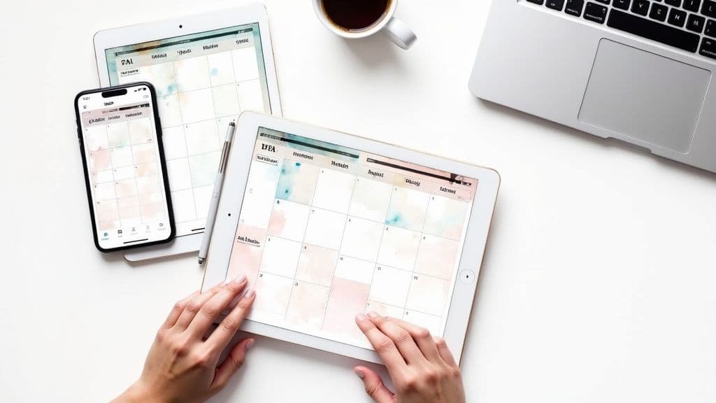 Person using digital calendar apps on tablet and smartphone for planning and scheduling tasks