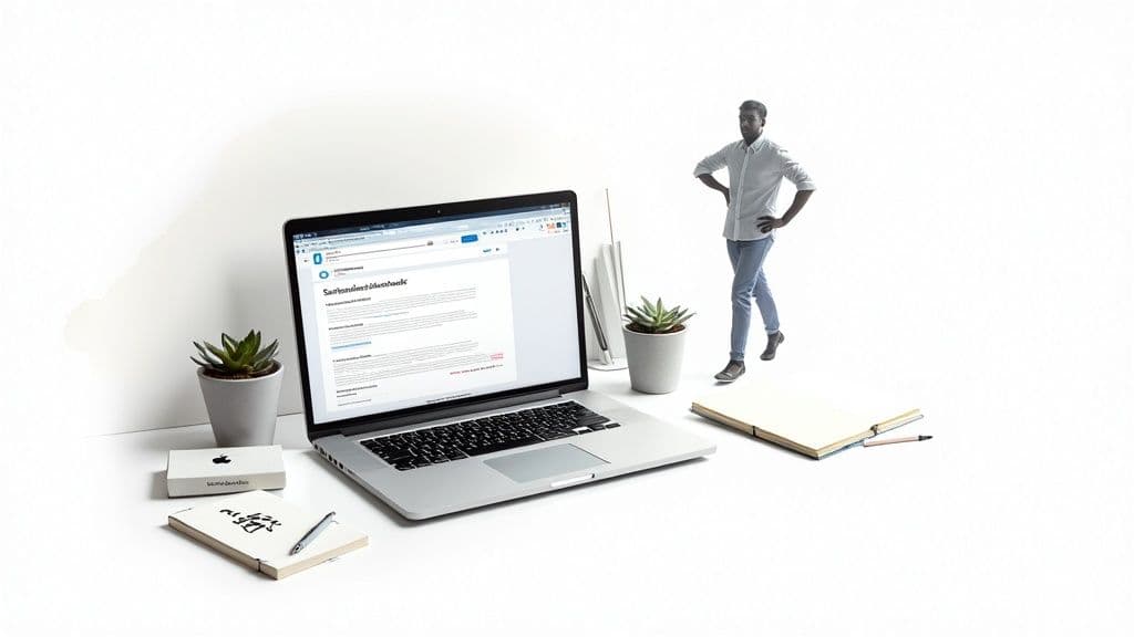A person working on a laptop in a modern, well-lit workspace, symbolizing a virtual assistant finding clients.