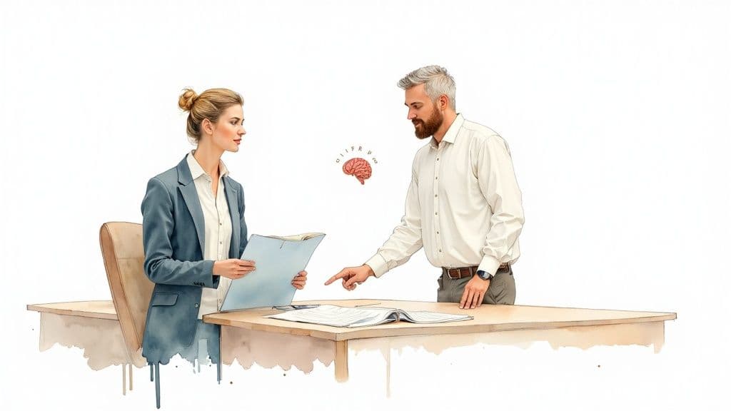 A professional woman at her desk, organizing sticky notes on a clear board, focused and in control.