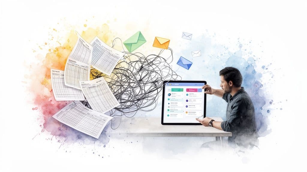 A person organizes scattered documents and mail using a digital project management tool.