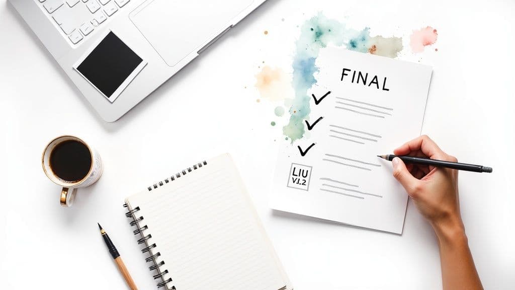Overhead view of a person writing a final checklist on a desk with a laptop, coffee, and notebook.
