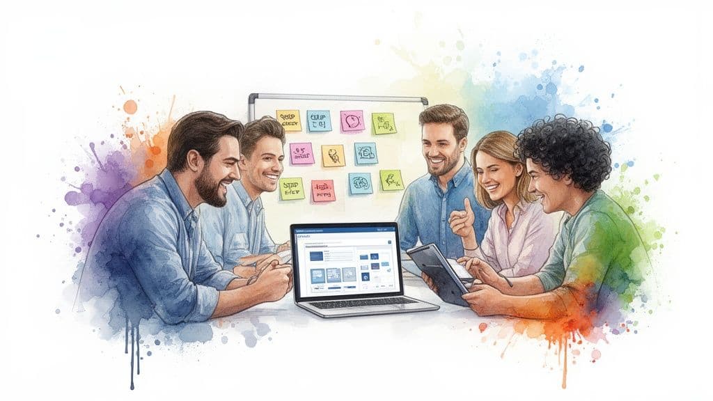 A diverse team of people smiling and collaborating around a laptop and a whiteboard with sticky notes.