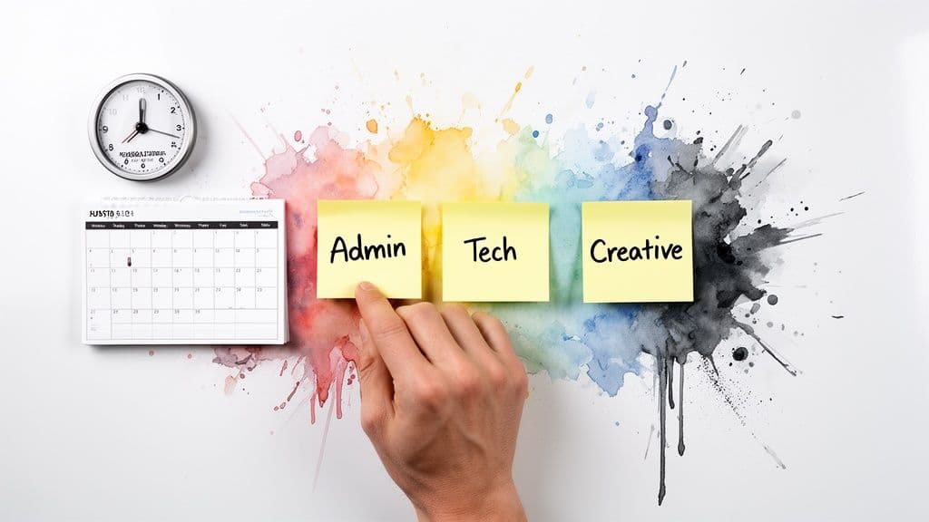 Hand pointing to "Admin" sticky note, with "Tech" and "Creative" notes, calendar, and clock on a colorful background.