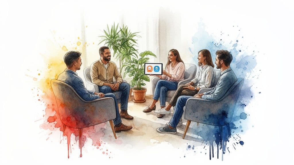 Diverse group of five adults in a watercolor illustration, discussing in a circle with a tablet.