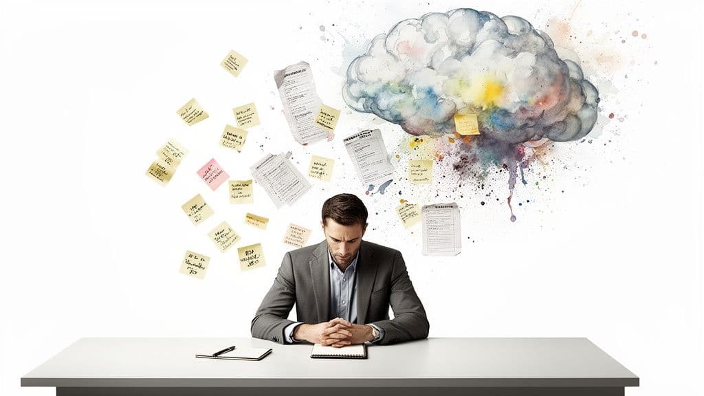 A man at a desk, a vibrant watercolor cloud brain above represents brainstorming and idea generation.