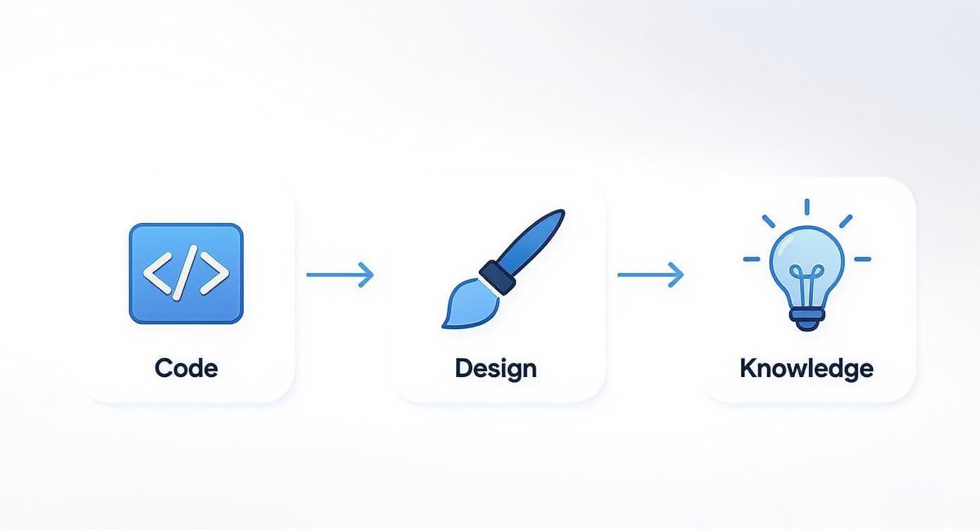 A visual workflow showing three blue icons representing Code, Design, and Knowledge in sequence.