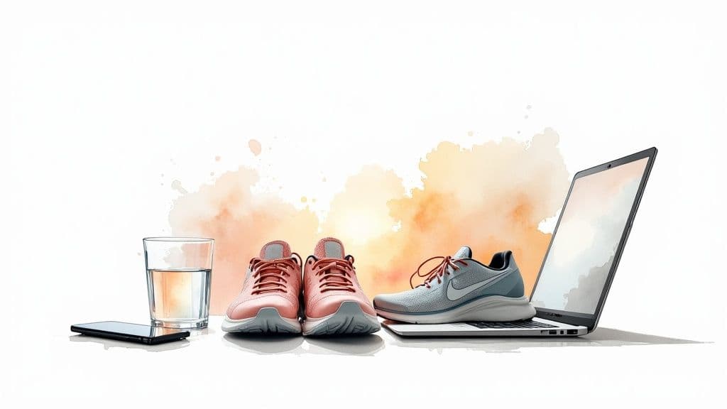 Running shoes, laptop, phone, and water glass arranged for a productive, active lifestyle.