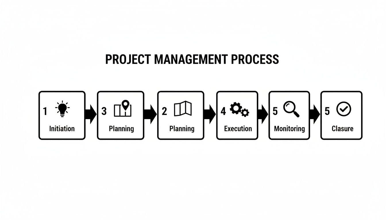 A comprehensive flowchart outlining the six key steps of the project management process.