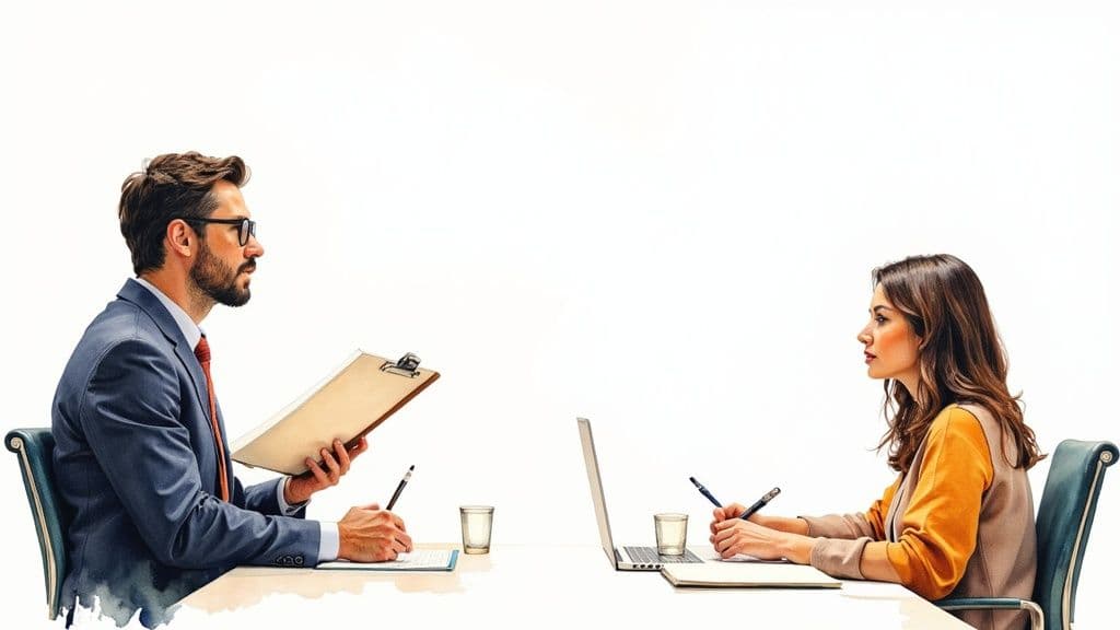 Two professionals, a man and a woman, in a business meeting or interview, writing notes.