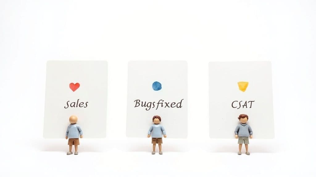 Three small figures hold cards representing productivity metrics: 'Sales', 'Bugs fixed', and 'CSAT'.