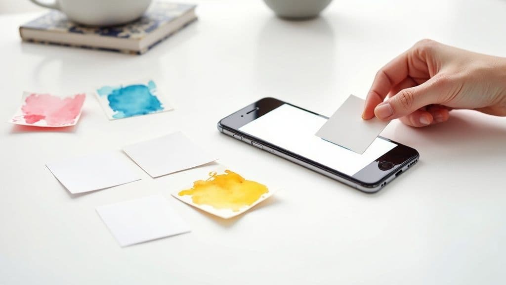 A hand holds a blank white card over a smartphone with a white screen. Watercolor swatches and blank cards are on a white desk.
