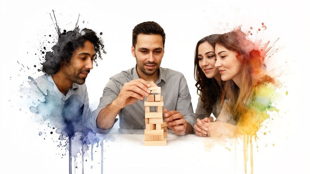 Four diverse people playing Jenga at a table, demonstrating concentration and collaborative spirit.