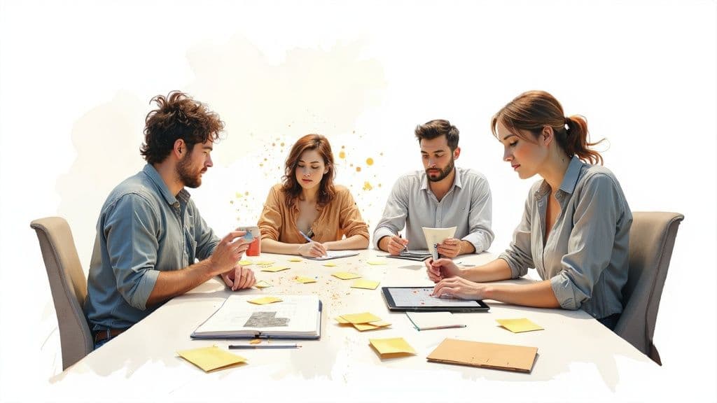 Four diverse colleagues are actively collaborating around a table during a brainstorming session.