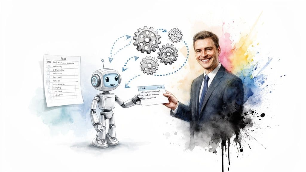 A smiling businessman and a cute robot exchange task lists, illustrating an automated workflow with gears.